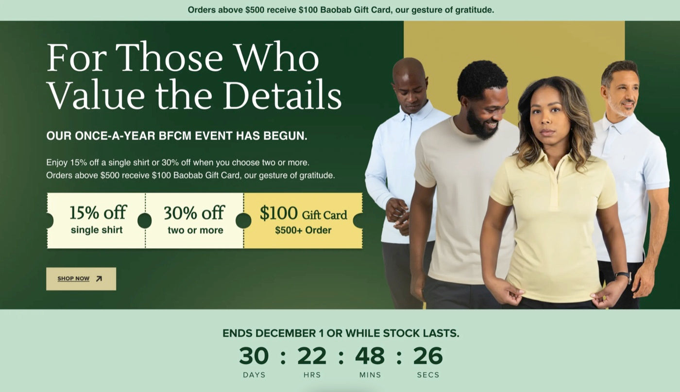 Baobab BFCM hero banner, 15 percent off one shirt and 30 percent off two or more
