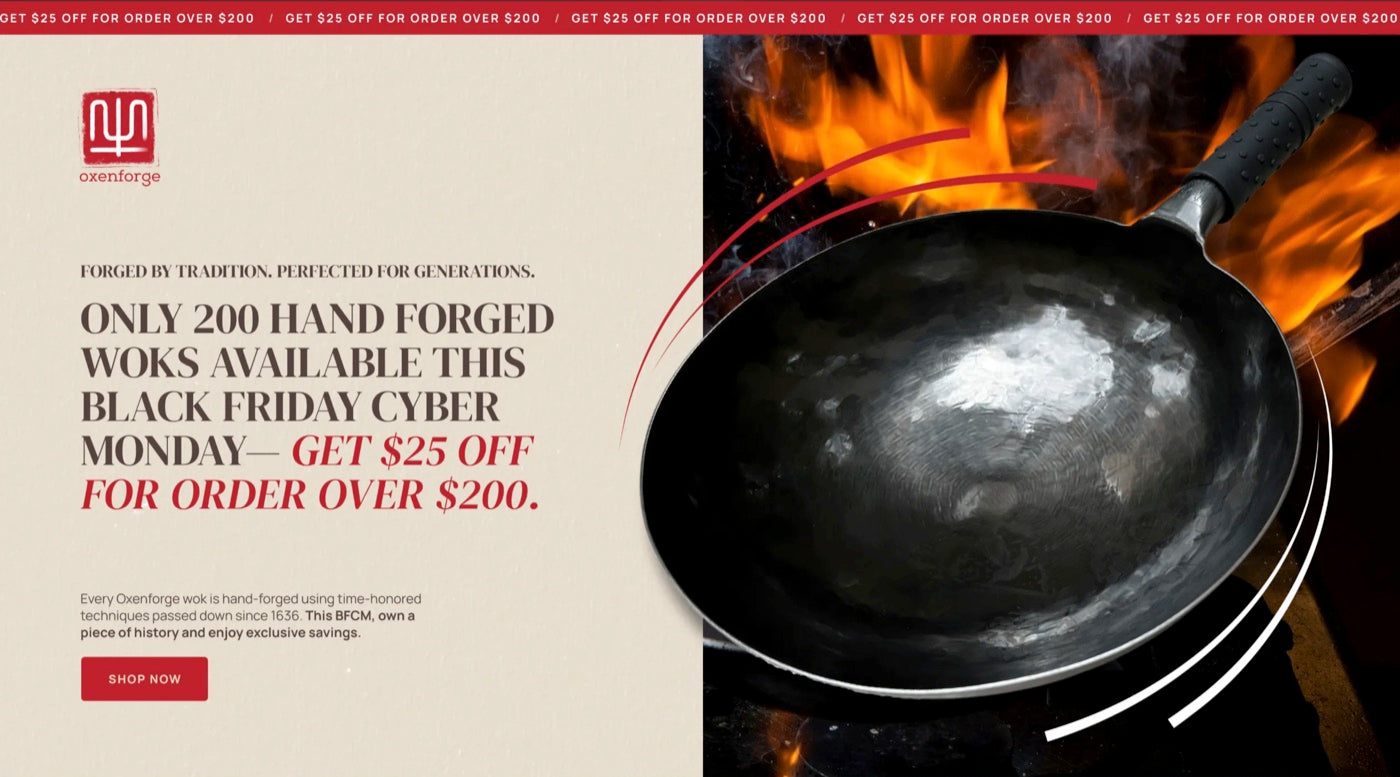 Oxenforge Black Friday hero, 25 dollars off hand forged woks over 200 dollars
