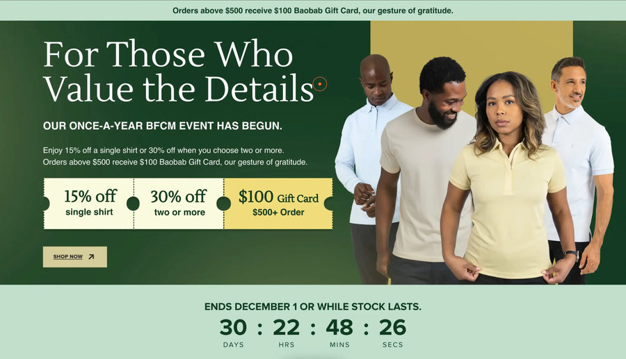 Baobab BFCM hero banner, 15 percent off one shirt and 30 percent off two or more