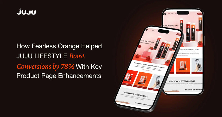 Promotional graphic for a digital website/app service, showing two smartphone mockups displaying a website design for 'Juju Lifestyle' with orange and white product pages. The left side features white text reading 'How Fearless Orange Helped JUJU LIFESTYLE Boost Conversions by 78% With Key Product Page Enhancements' on a dark brown background.