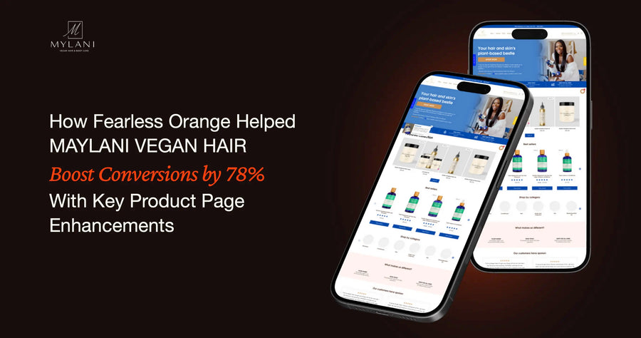 Promotional graphic for a website or app service, featuring two smartphone mockups displaying a beauty product page on a dark brown background. The left side contains marketing text reading 'How Fearless Orange Helped MAYLANI VEGAN HAIR Boost Conversions by 78% With Key Product Page Enhancements' and the MAYLANI brand logo at the top left.