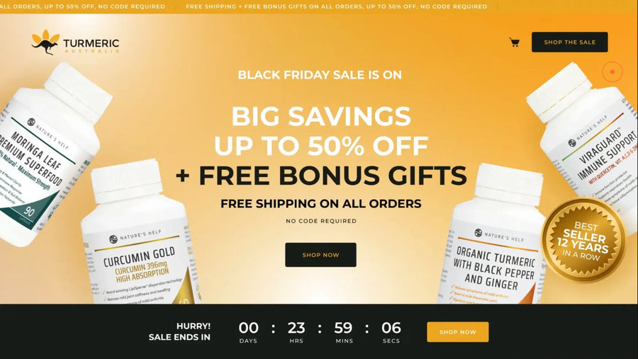 Turmeric Australia Black Friday hero, up to 50 percent off plus free bonus gifts
