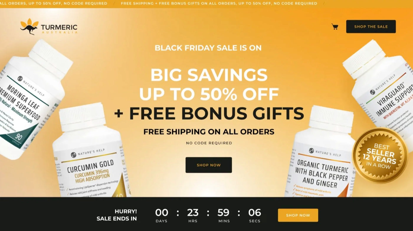 Turmeric Australia Black Friday hero, up to 50 percent off plus free bonus gifts